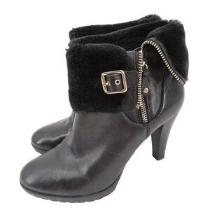 Anne Klein 8 M Talasi Black Leather Faux Fur Trim Zipper Buckle Ankle Boots Shoe